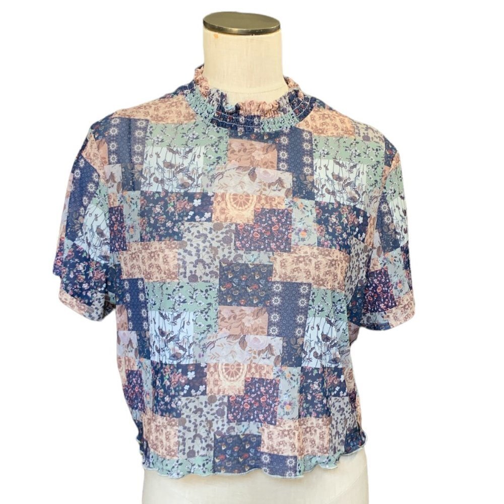 Shein Curve Mesh Smock Neck Cottagecore Patchwork Crop Top‎ 4XL #60V